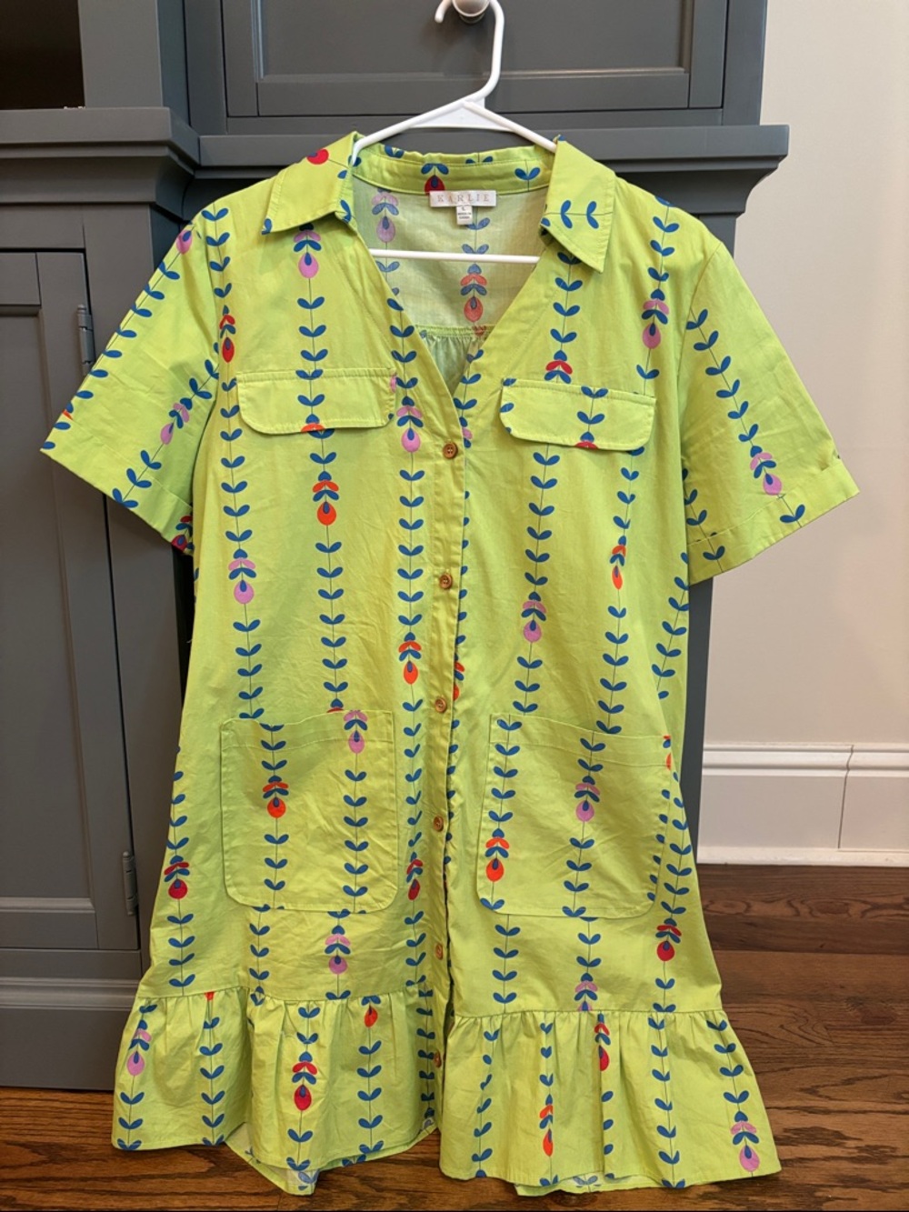 Karlie Lime Green Floral Stripe Button-Front Dress